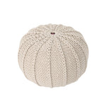 Side angle of the Cotton Pouf Ottoman - Knitted Beige Pouf highlighting its soft, round form and textured knit design for cozy decor.