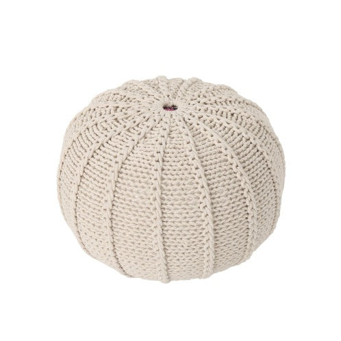 Side angle of the Cotton Pouf Ottoman - Knitted Beige Pouf highlighting its soft, round form and textured knit design for cozy decor.