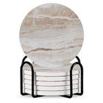 Set of 6 ceramic beverage coasters with an elegant holder stand, designed to protect tabletops and add a stylish touch to home decor.