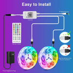 Bluetooth Music LED Strip - Energy Efficient setup guide showing easy plug-and-play installation with IR remote and dual LED rolls connection.