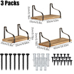 Set of 3 Wood Floating Shelves with metal brackets in varying sizes, includes screws and wall anchors for easy installation and secure mounting.