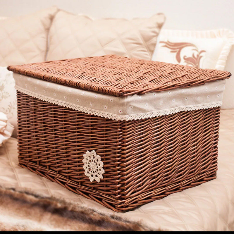Rattan wicker storage basket with lid, ideal for home organization and adding a natural, rustic touch to interior decor