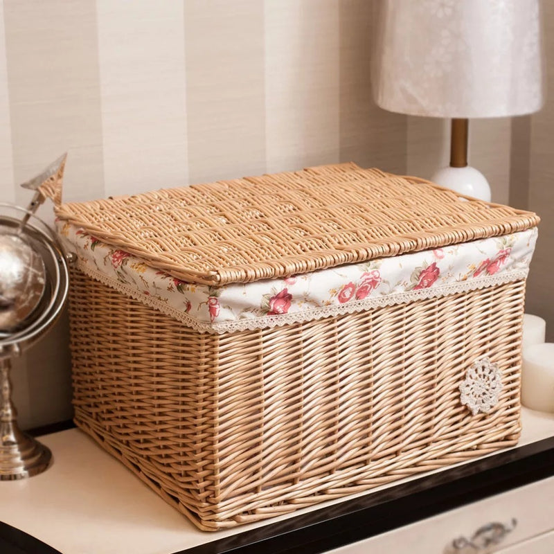 Rattan wicker storage basket with lid, ideal for home organization and adding a natural, rustic touch to interior decor