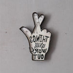 LED neon sign in the form of a hand with crossed fingers and 'Things Will Work Out' message, perfect for customizable wall art.