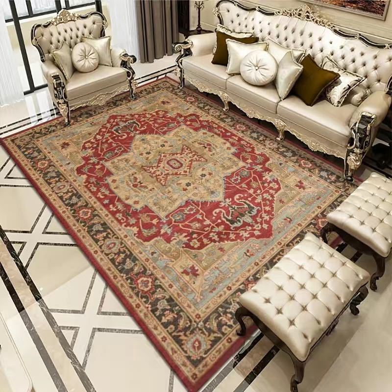Bohemian Rug - Rectangle Area in distressed blue and gray hues, retro style with soft, non-slip polyester ideal for vintage-inspired living rooms.