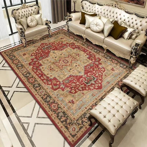 Bohemian Rug - Rectangle Area in red and beige tones with intricate retro patterns, soft polyester and non-slip for elegant living rooms.