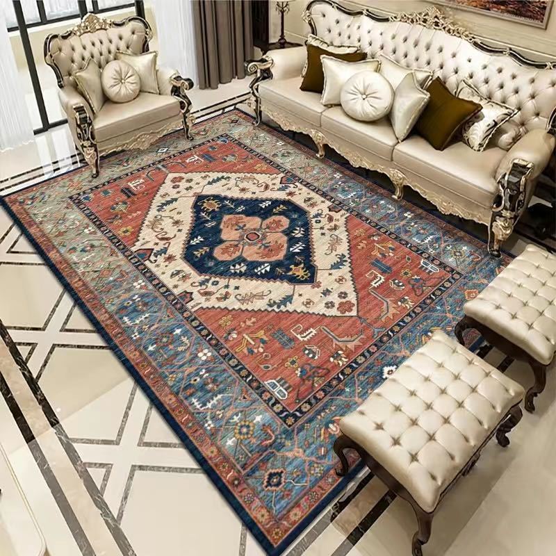 Bohemian Rug - Rectangle Area in teal and rust with floral medallion design, soft polyester and non-slip backing for stylish living spaces.
