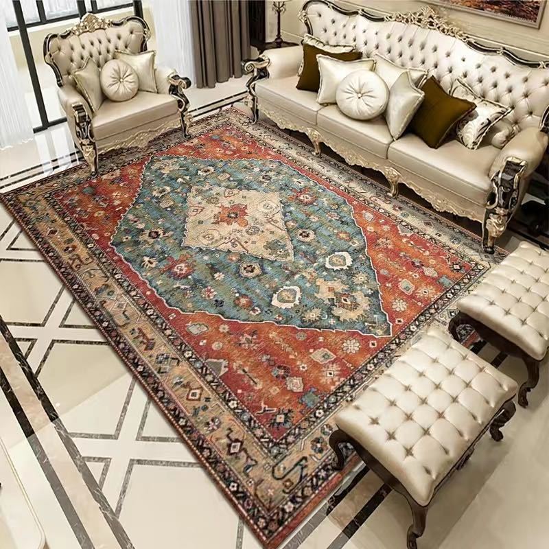 Bohemian Rug - Rectangle Area in earthy orange and brown with classic retro motifs, soft and non-slip for luxurious living room ambiance.