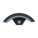 Front view of Curved Moon LED Wall Light with motion induction sensor, IP65 rated for outdoor use, modern and durable design.
