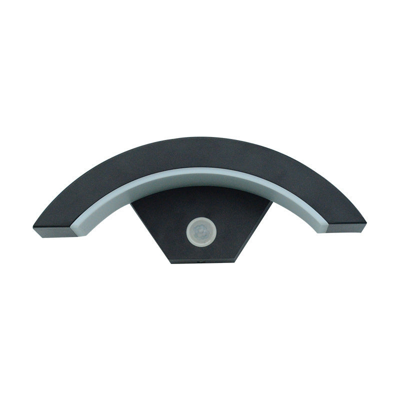 Front view of Curved Moon LED Wall Light with motion induction sensor, IP65 rated for outdoor use, modern and durable design.