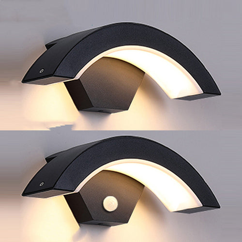 Curved Moon LED Wall Light with induction sensor, IP65 waterproof rating, emits warm white light, ideal for corridors and hotel aisles.