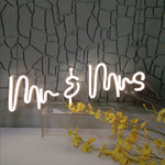 Mr & Mrs LED Neon Sign in white, pairs well with the Oh Baby LED Neon Sign - Birthday Light Decor for weddings or anniversary parties.