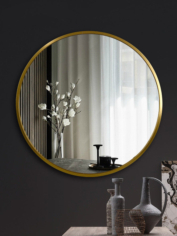 Elegant gold-framed Vanity Mirror - Bathroom | High-definition Silver, 40x40 cm reflecting a modern interior with floral decor.