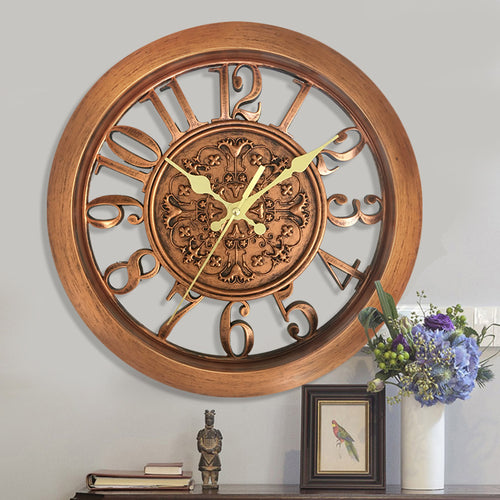 European Wall Clock - Retro Quartz | Round 11 Inch clock with ornate floral center, gold hands, and open-frame numbers, ideal for vintage decor.