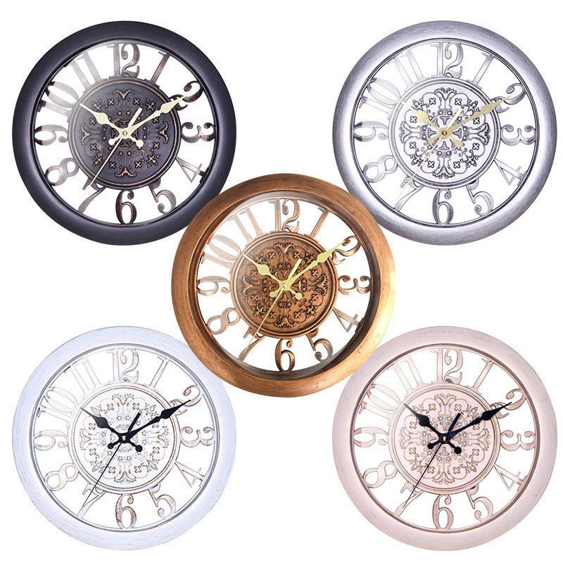 Set of 5 European Retro Wall Clocks in various finishes including bronze, silver, and white, all with 11-inch round quartz design.