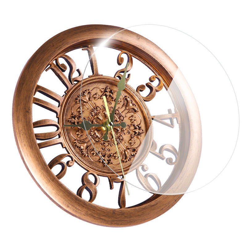 Retro Quartz European Wall Clock in bronze with detailed floral center and glass overlay, perfect for classic living room settings.