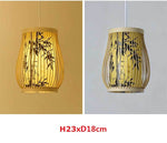 Bamboo pendant light with a retro design, hanging from the ceiling and creating a warm, natural ambiance in the room.