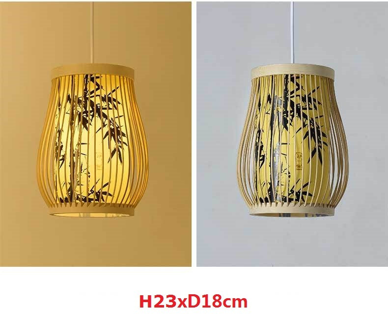Bamboo pendant light with a retro design, hanging from the ceiling and creating a warm, natural ambiance in the room.