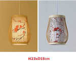 Bamboo pendant light with a retro design, hanging from the ceiling and creating a warm, natural ambiance in the room.