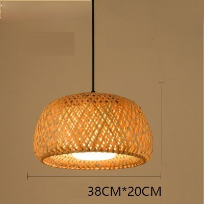 Bamboo pendant light with a retro design, hanging from the ceiling and creating a warm, natural ambiance in the room.