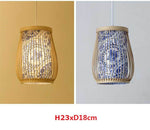 Bamboo pendant light with a retro design, hanging from the ceiling and creating a warm, natural ambiance in the room.