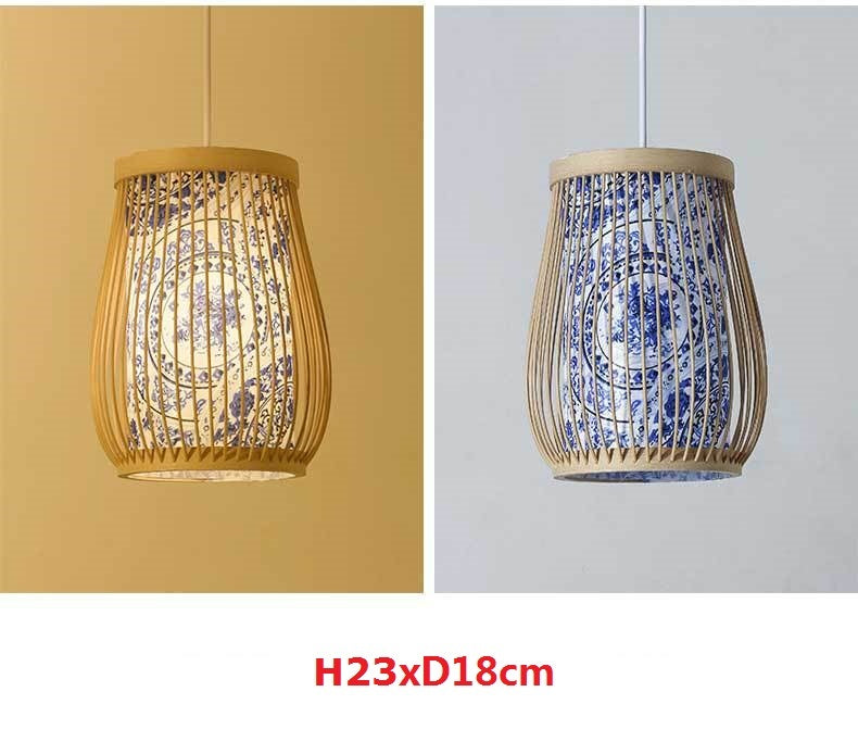 Bamboo pendant light with a retro design, hanging from the ceiling and creating a warm, natural ambiance in the room.