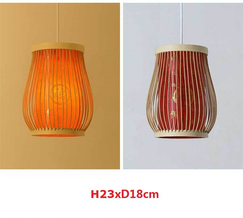 Bamboo pendant light with a retro design, hanging from the ceiling and creating a warm, natural ambiance in the room.