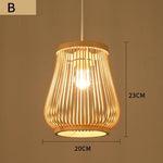 Bamboo pendant light with a retro design, hanging from the ceiling and creating a warm, natural ambiance in the room.