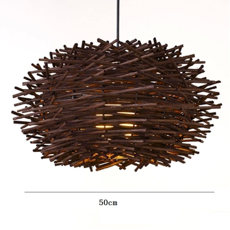 Bamboo pendant light with a retro design, hanging from the ceiling and creating a warm, natural ambiance in the room.