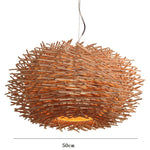 Bamboo pendant light with a retro design, hanging from the ceiling and creating a warm, natural ambiance in the room.