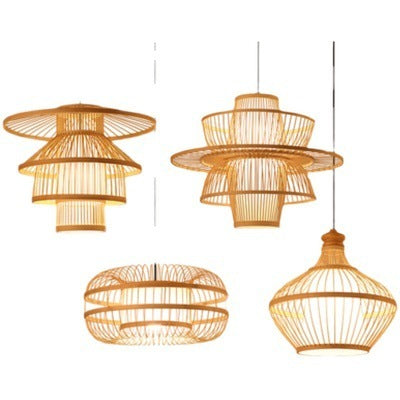 Bamboo pendant light with a retro design, hanging from the ceiling and creating a warm, natural ambiance in the room.