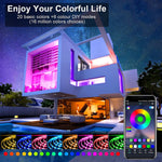 Bluetooth Music LED Strip - Energy Efficient lighting installed on a modern house exterior, showcasing vibrant RGB colors synced to music.