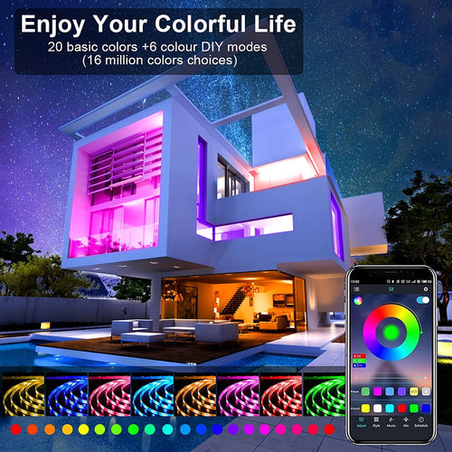 Bluetooth Music LED Strip - Energy Efficient lighting installed on a modern house exterior, showcasing vibrant RGB colors synced to music.