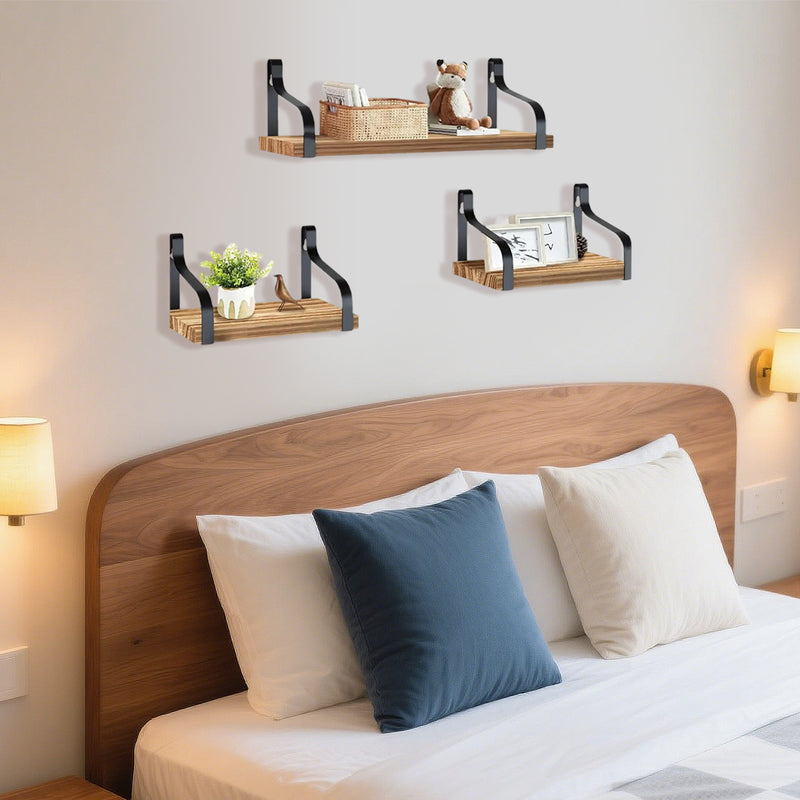 3 Pcs Wood Floating Shelves - Wooden Floating Shelves installed above a bed, displaying soft toys and decor for a cozy bedroom aesthetic.