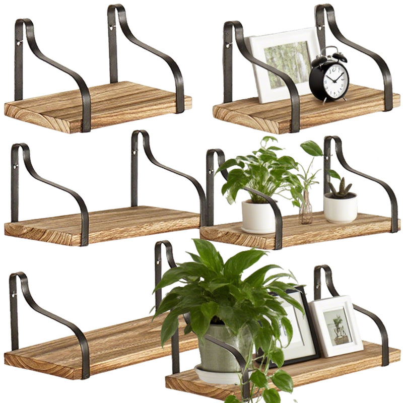 Wood Floating Shelves - Set of 3 with rustic wooden boards and black metal brackets, styled with plants and decor for versatile wall storage.