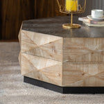 Close-up of Retro Octagon Coffee Table’s embossed geometric wood pattern, showcasing its solid craftsmanship and unique texture.