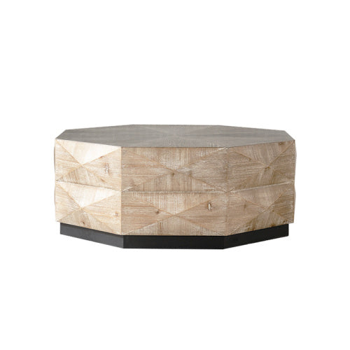 Studio image of Retro Octagon Wood Coffee Table with embossed design and black base, perfect for modern and rustic interiors.