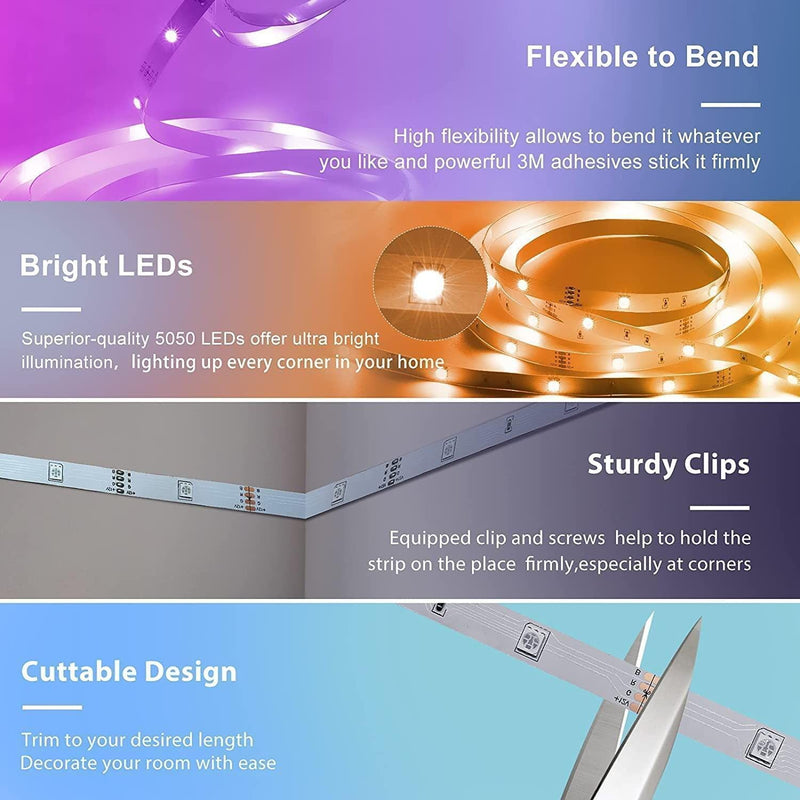Bluetooth Music LED Strip - Energy Efficient features flexible, cuttable design with bright 5050 LEDs and sturdy clips for easy home installation.