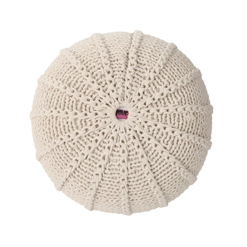Top view of the Cotton Pouf Ottoman - Knitted Beige Pouf showing detailed circular knit pattern and compact round shape for floor use.