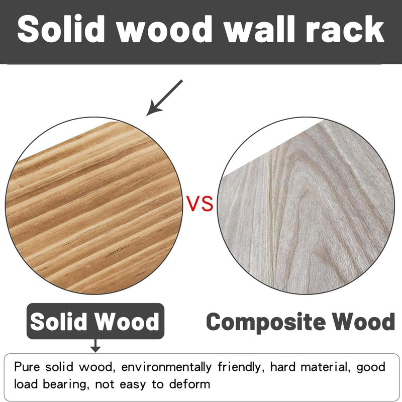 Comparison of solid wood vs composite wood for floating shelves, highlighting durability, eco-friendliness, and high load-bearing capacity.