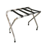 Stainless steel luggage rack placed in a hotel room, designed for holding suitcases and travel bags conveniently