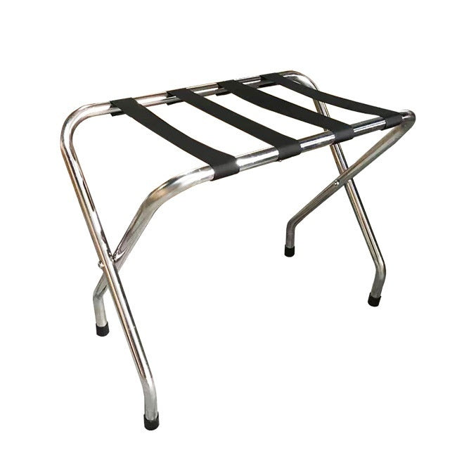 Stainless steel luggage rack placed in a hotel room, designed for holding suitcases and travel bags conveniently