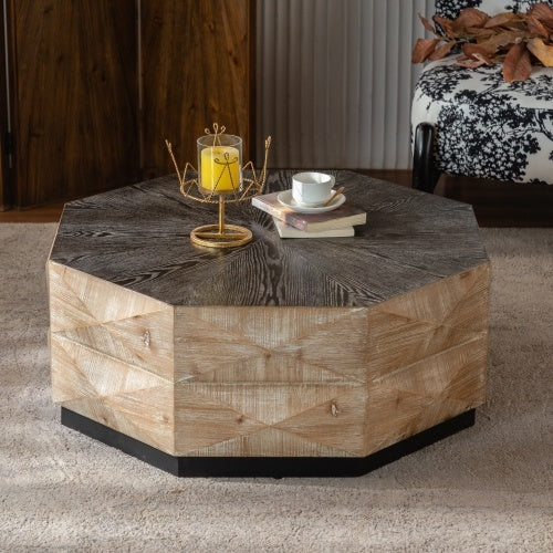 Retro Octagon Wood Coffee Table with embossed design in a living room setup, featuring a dark wood top and geometric light wood base.