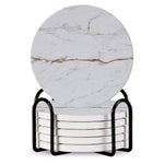 Set of 6 ceramic beverage coasters with an elegant holder stand, designed to protect tabletops and add a stylish touch to home decor.