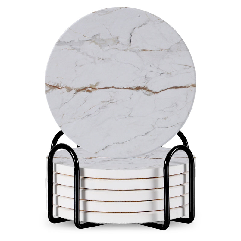 Set of 6 ceramic beverage coasters with an elegant holder stand, designed to protect tabletops and add a stylish touch to home decor.