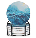 Set of 6 ceramic beverage coasters with an elegant holder stand, designed to protect tabletops and add a stylish touch to home decor.