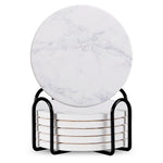 Set of 6 ceramic beverage coasters with an elegant holder stand, designed to protect tabletops and add a stylish touch to home decor.