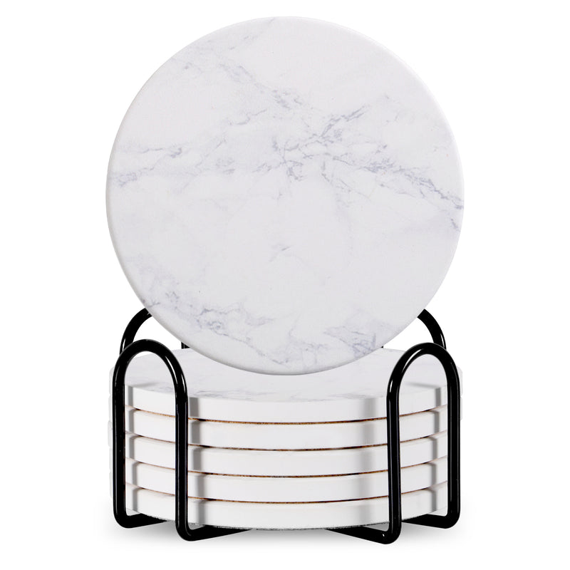 Set of 6 ceramic beverage coasters with an elegant holder stand, designed to protect tabletops and add a stylish touch to home decor.