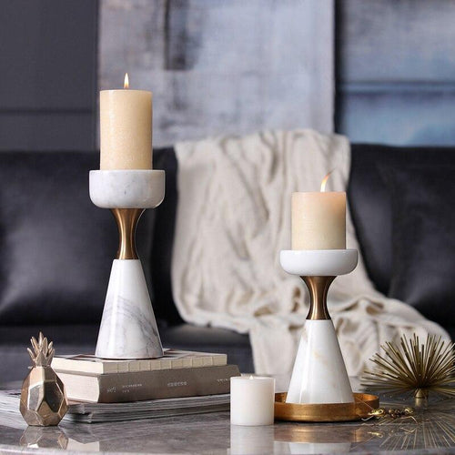 Elegant Marble Candle Holder with gold accent displayed on a coffee table, perfect for stylish home decor in modern living rooms.
