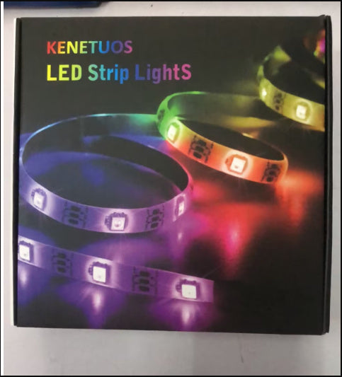 Bluetooth Music LED Strip - Energy Efficient packaging by Kenetuos, displaying vibrant RGB lighting on flexible strips for home décor.